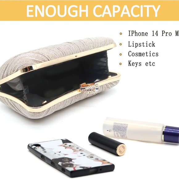 Women Pleated Glitter Evening Clutch Purse with Rhinestone Strap for Party - Picture 5 of 7